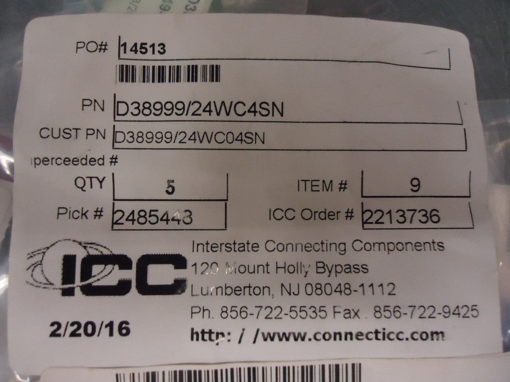 D38999/24WC04SN AERO CIRCULAR MIL SPEC CONNECTOR 4P SM SZ 13 SKT PNL BRAND NEW!