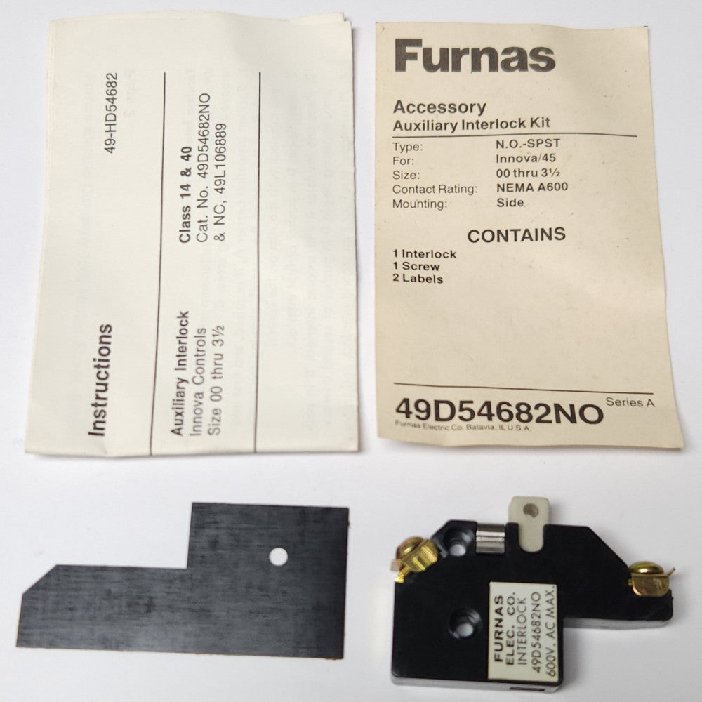 FURNAS 49D54682NO Auxiliary Interlock Kit N.O. SPST Size 00-3 1/2 Nema A600