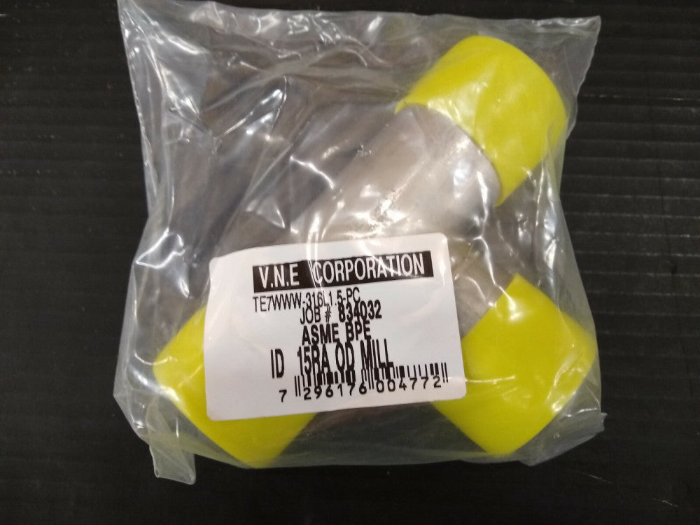 New, VNE Corporation, TE7WWW316L1.5-PC, BPE Series 1-1/2 Tee, T316L Stainless