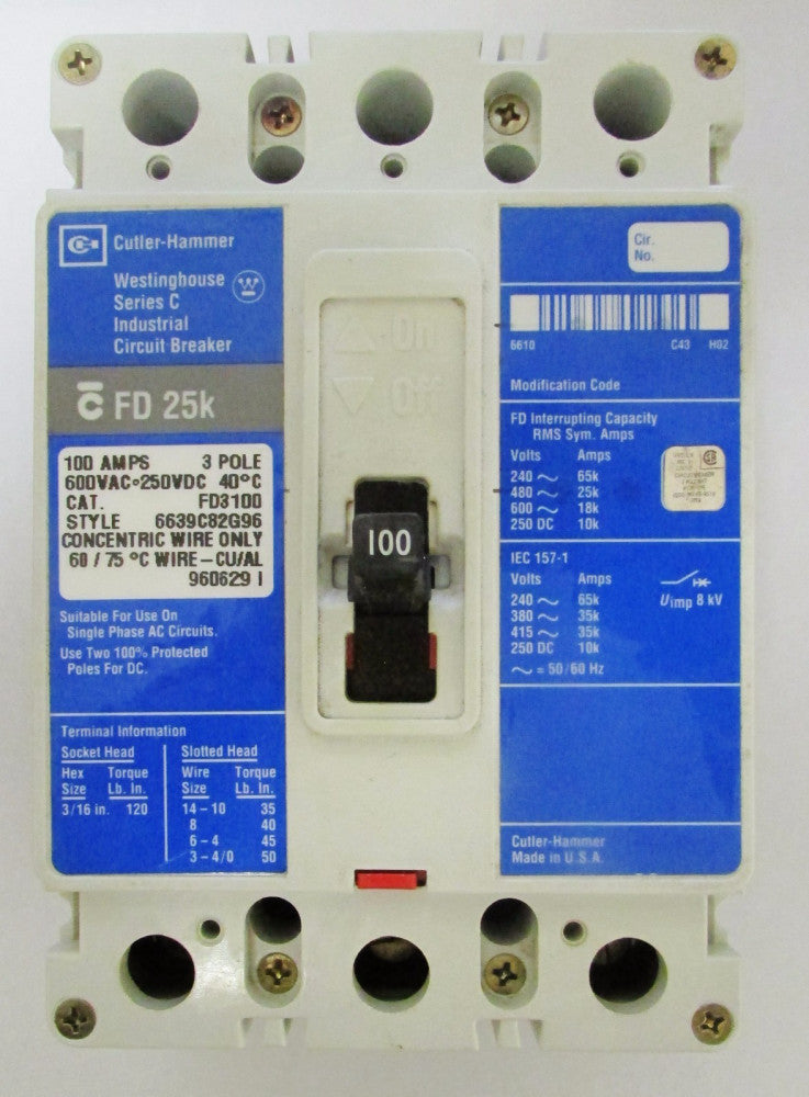 CUTLER HAMMER WESTINGHOUSE FD3100 3 Pole 100 Amp FD Breaker