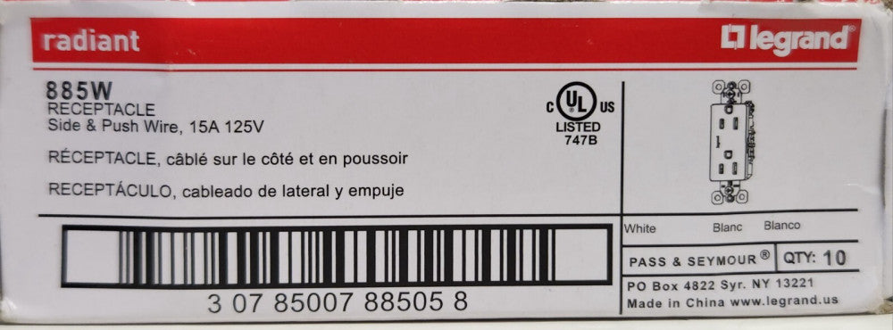 BOX OF 10 LEGRAND RADIANT 885W 15 AMP 125 VAC Receptacle Side & Push Wire White