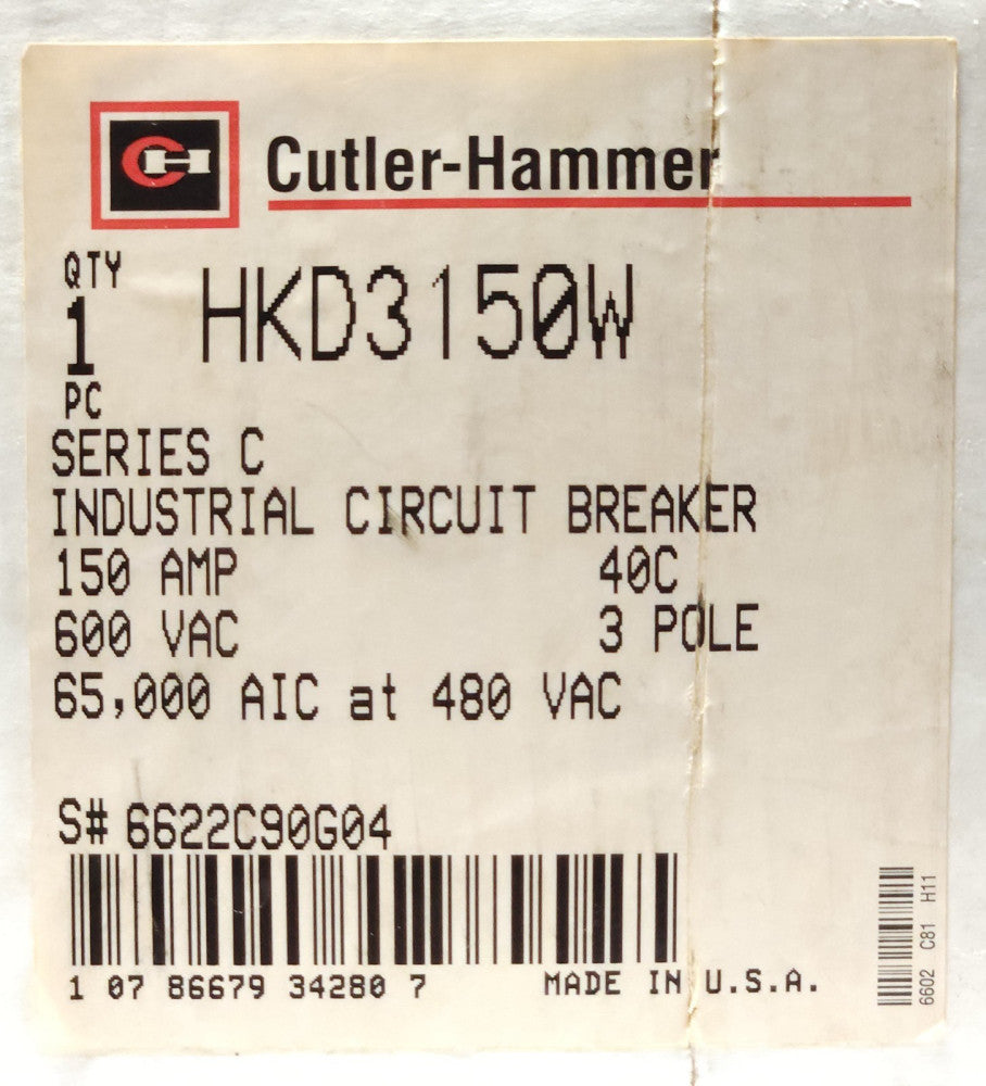 CUTLER HAMMER EATON HKD3150W 3 Pole HKD3150 Circuit Breaker Type HKD WITHOUT LUG
