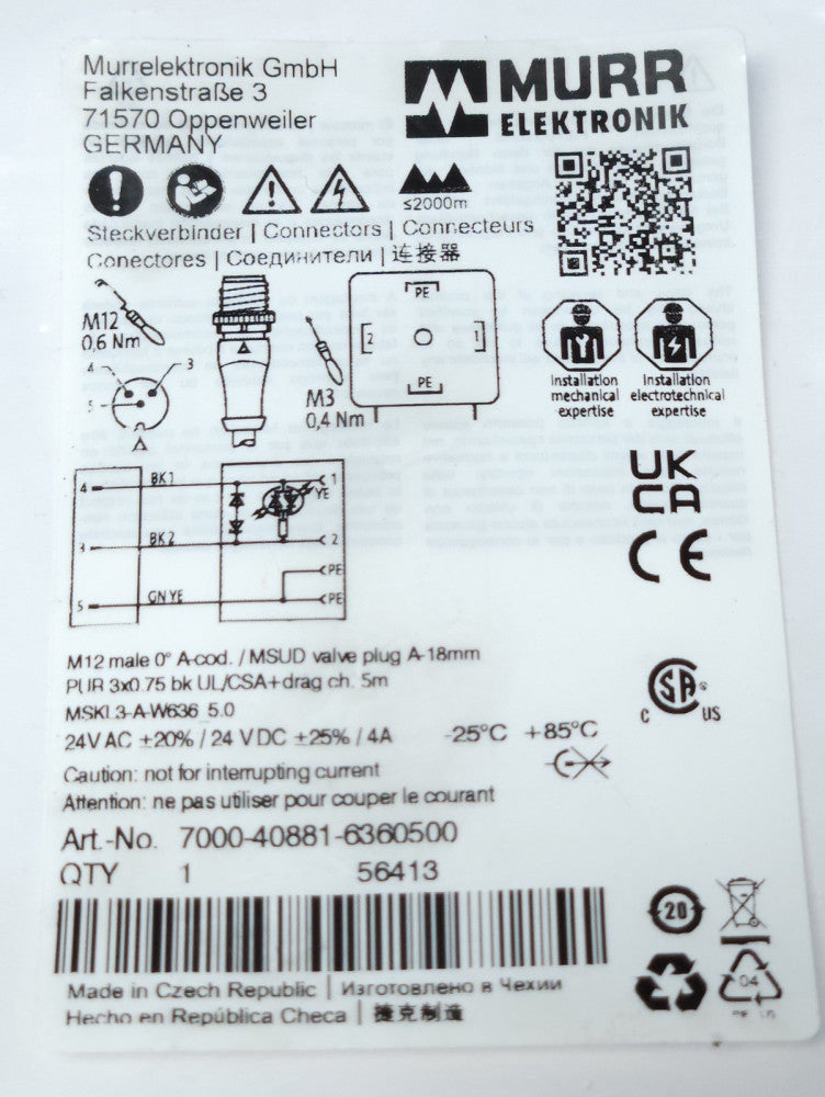 MURR MSKL3 A W636 5.0 MSUD Valve Plug 7000 40881 6360500 24 VAC VDC M12 MALE