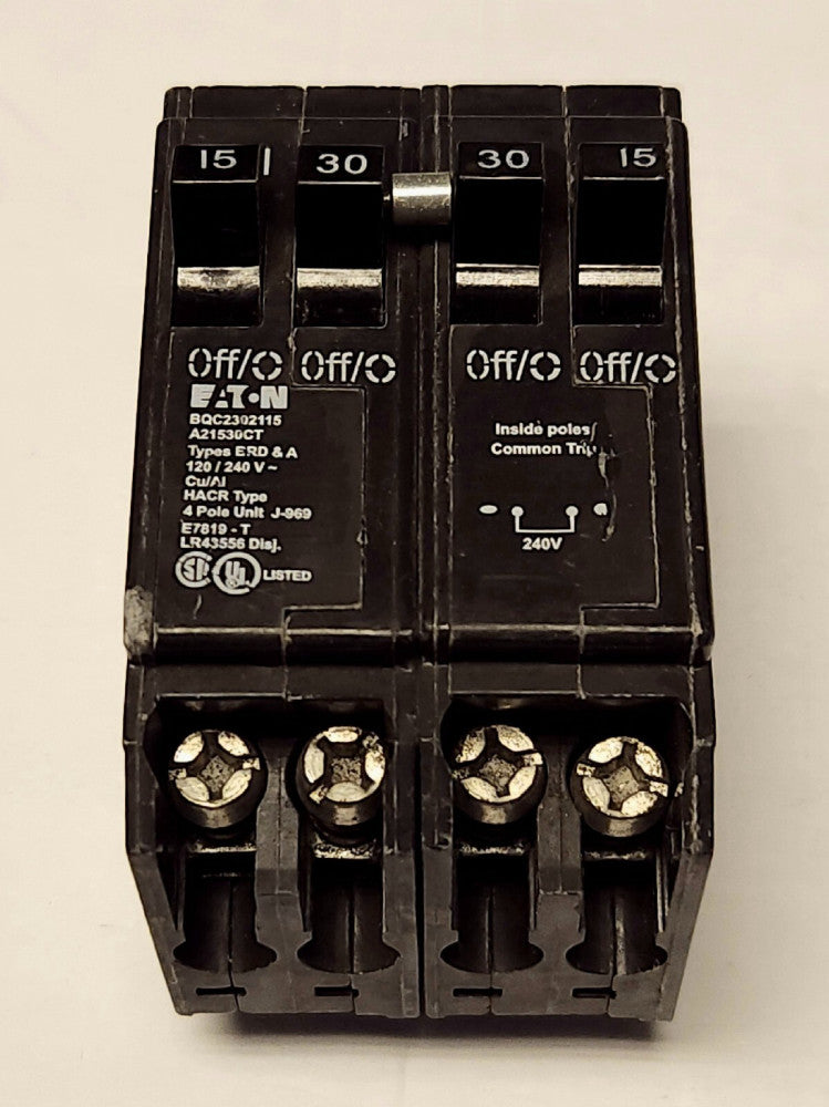 EATON BQC2302115 2 Pole 30 AMP Double Single Pole 15 AMP Type BRD Quadplex