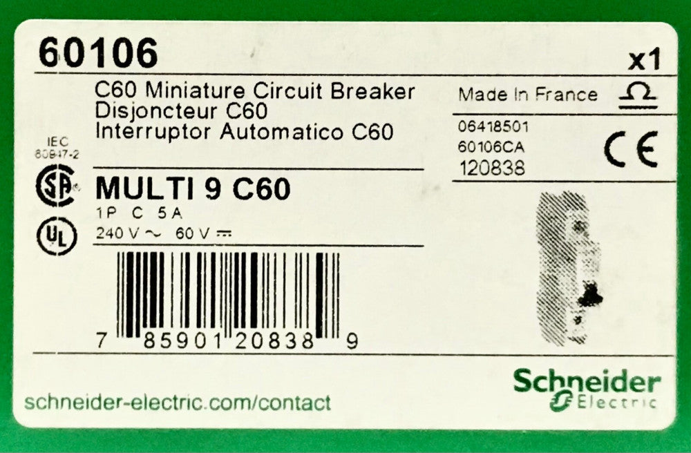 SCHNEIDER ELECTRIC 60106 Multi 9 C60 Miniature Circuit Breaker 5 AMP Single Pole