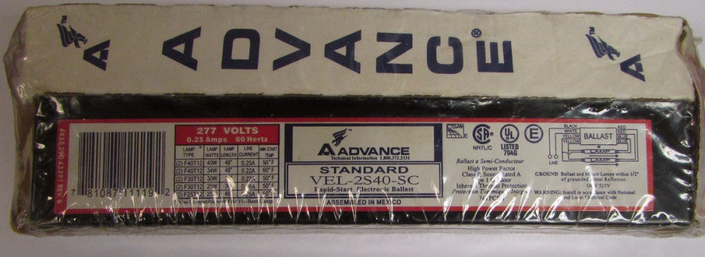 ADVANCE VEL2S40SC 277 V Rapid Start .25 Amp Ballast VEL-2S40-SC