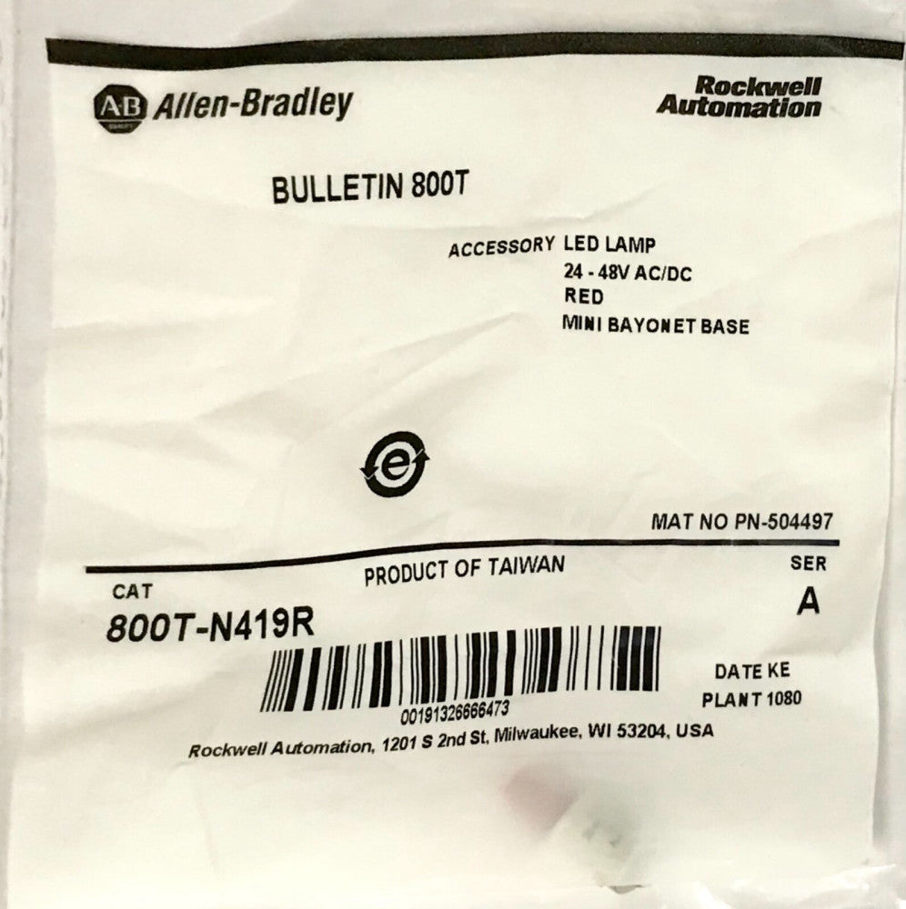 ALLEN BRADLEY 800T N419R 24-48 VAC VDC RED LED Lamp Bulb