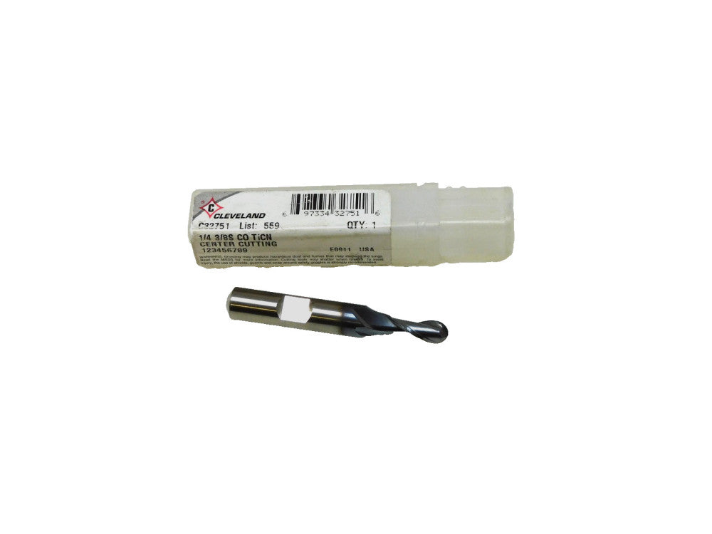 Cleveland C32751 1/4" CO F09 2FL Center Cutting Stub Ball Nose Carbide End Mill