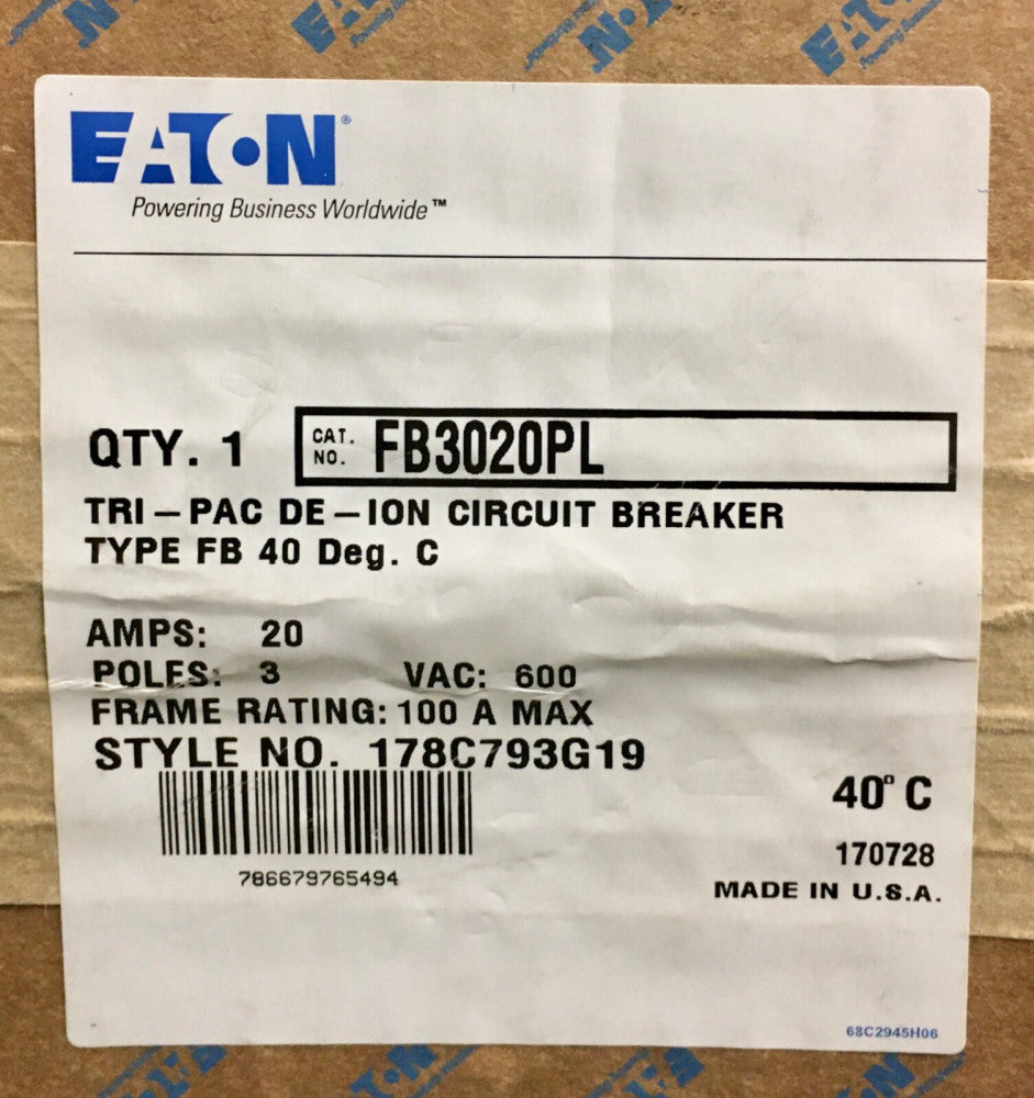 EATON CUTLER HAMMER WESTINGHOUSE FB3020PL 3 Pole 15 AMP Type FB Circuit Breaker