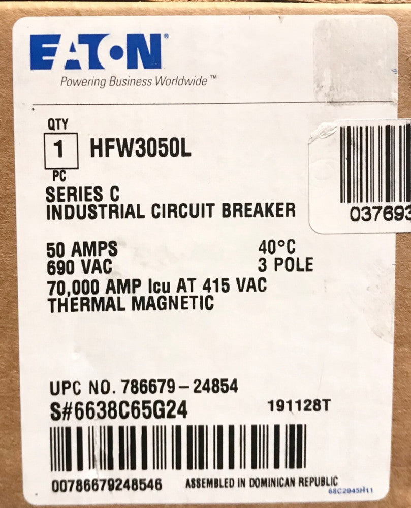 EATON CUTLER HAMMER HFW3050L 3 Pole 50 AMP Type HFW 70K 40-50AMP Adjust 