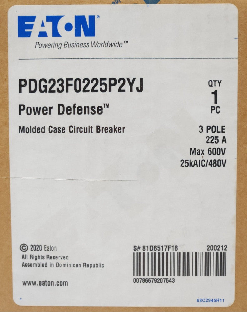 EATON PDG23F0225P2YJ 3 Pole 225 AMP PDG2 POWER DEFENSE PXR10 LSI Circuit Breaker