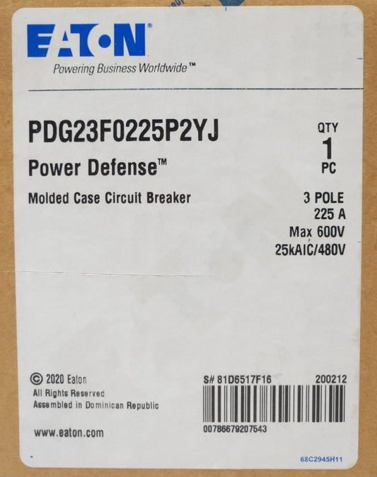 EATON PDG23F0225P2YJ 3 Pole 225 AMP PDG2 POWER DEFENSE PXR10 LSI Circuit Breaker