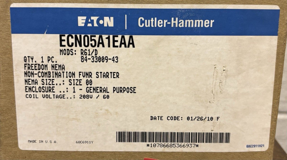 EATON CUTLER HAMMER ECN05A1EAA Size 00 208  V Starter AN14AN0 Nema 1 Enclosure