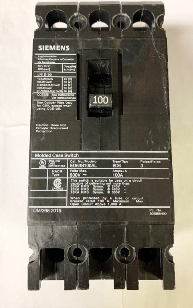 SIEMENS SENTRON ED63S100AL 3 Pole 100 AMP Type ED6 Molded Case Switch 600 VAC 