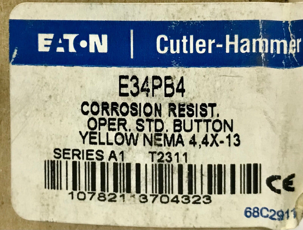 EATON CUTLER HAMMER E34PB4 Yellow Flush Head Corrosion Resistant Pushbutton 
