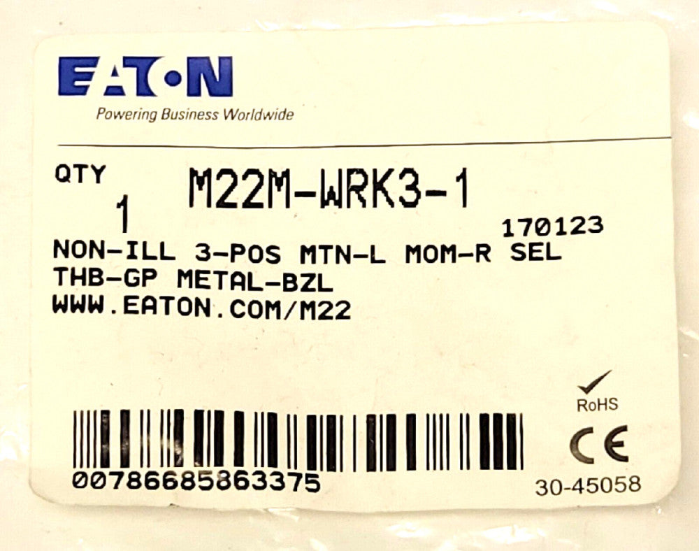 EATON M22M WRK3 1 Non Illuminated M22 3 Position Selector Switch Operator