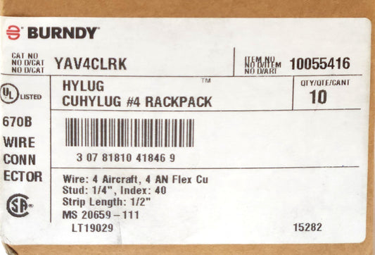 BOX OF 10 PACK OF 6 BURNDY YAV4CLRK #4 AWG Copper Compression HYLUG CRIMP ON LUG