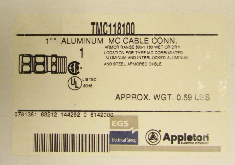 EGS APPLETON TMC118100 Armored Cable 1" Aluminum MC Cable Connector