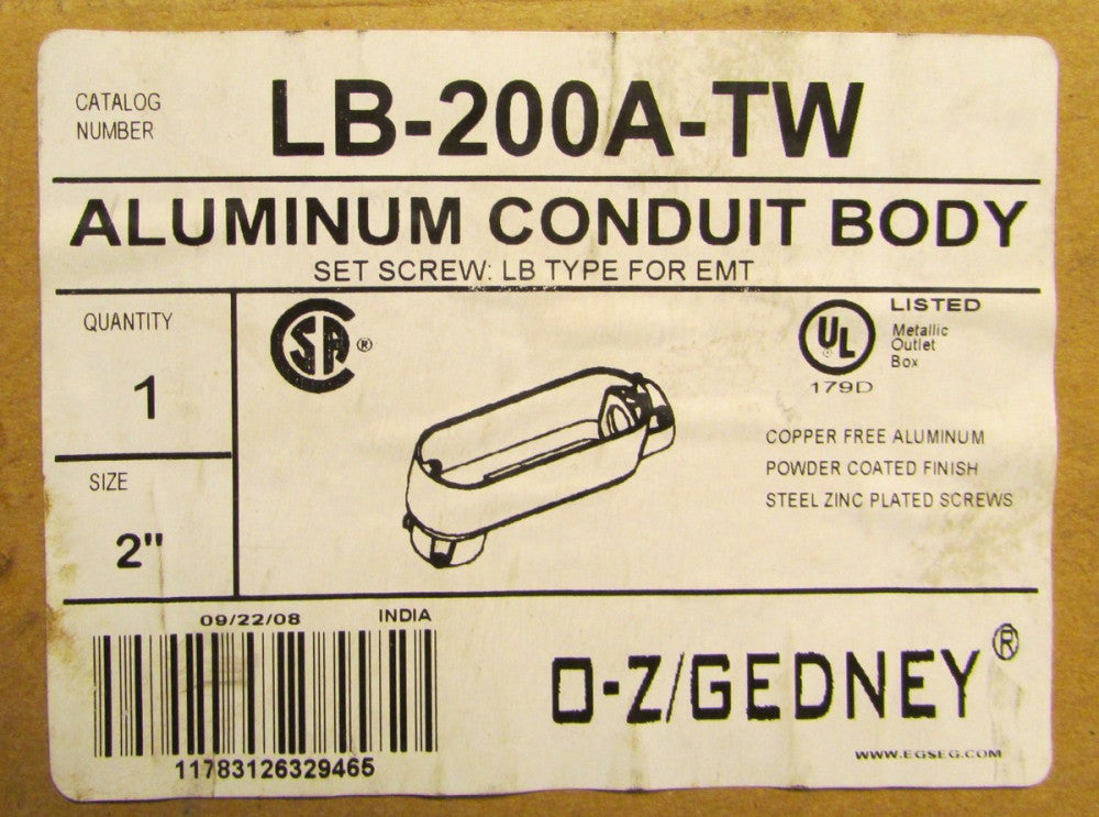 EGS O-Z GEDNEY LB 200A TW  2" Aluminum Conduit Body