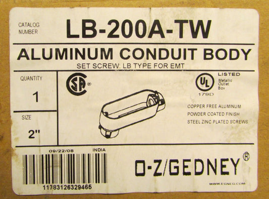 EGS O-Z GEDNEY LB 200A TW  2" Aluminum Conduit Body