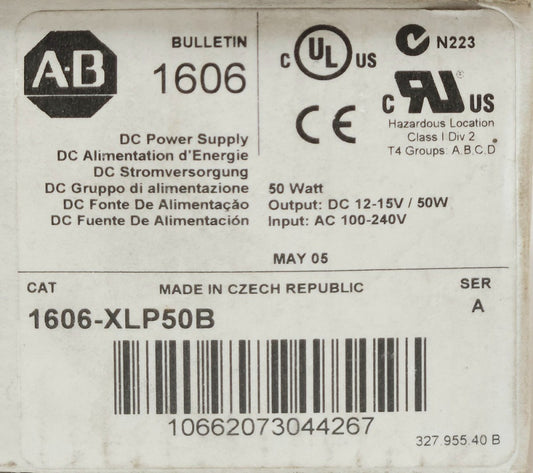 ALLEN BRADLEY 1606XLP50B DC Power Supply 1606-XLP Input 100-240 VAC Output 15VDC