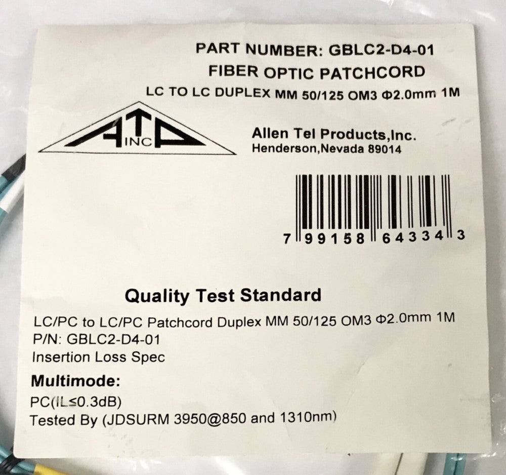 ATP ALLEN TEL PRODUCTS GBLC2 D4 01 Fiber Optic Patchcord 1m 50/125