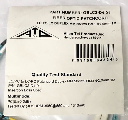 ATP ALLEN TEL PRODUCTS GBLC2 D4 01 Fiber Optic Patchcord 1m 50/125