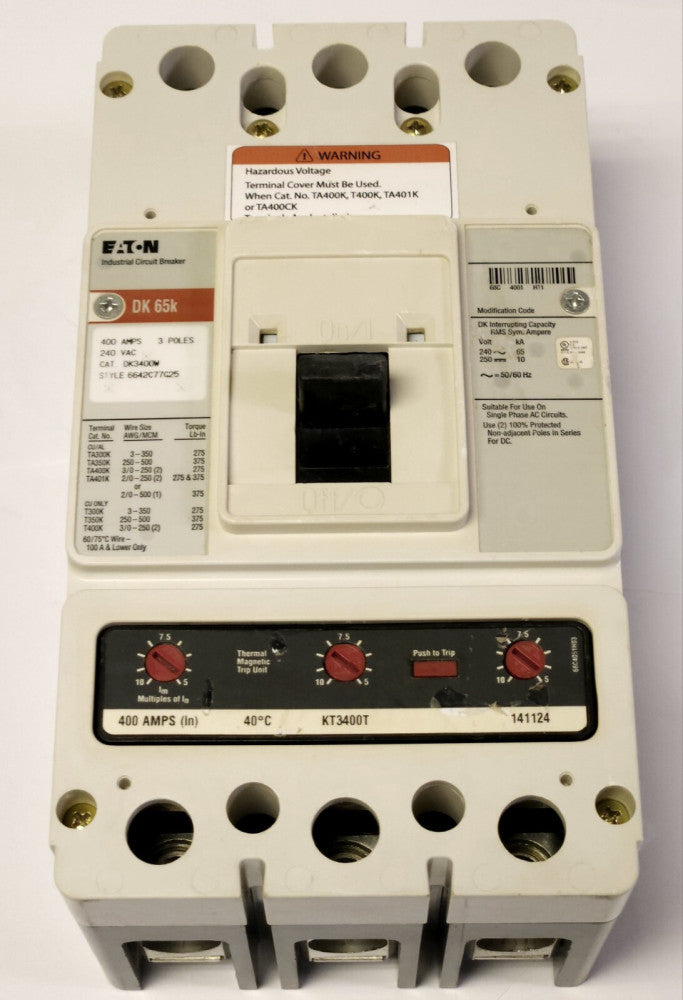 EATON CUTLER HAMMER DK3400W 3 Pole 400 AMP Type DK DK3400 Circuit Breaker 240VAC
