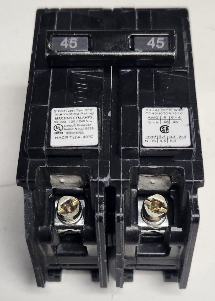 SIEMENS Q245H 2 Pole 45 AMP Type QPH Plug On Circuit Breaker