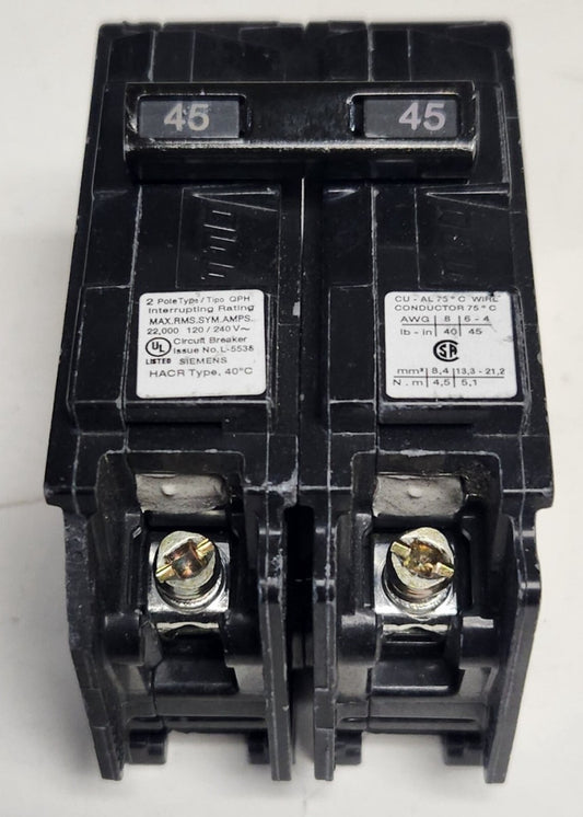 SIEMENS Q245H 2 Pole 45 AMP Type QPH Plug On Circuit Breaker