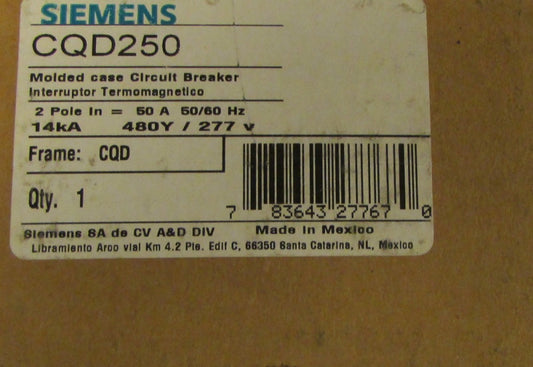 Siemens CQD250 2 Pole 50 Amp 277 480 V Type CQD Breaker DIN Rail Mount