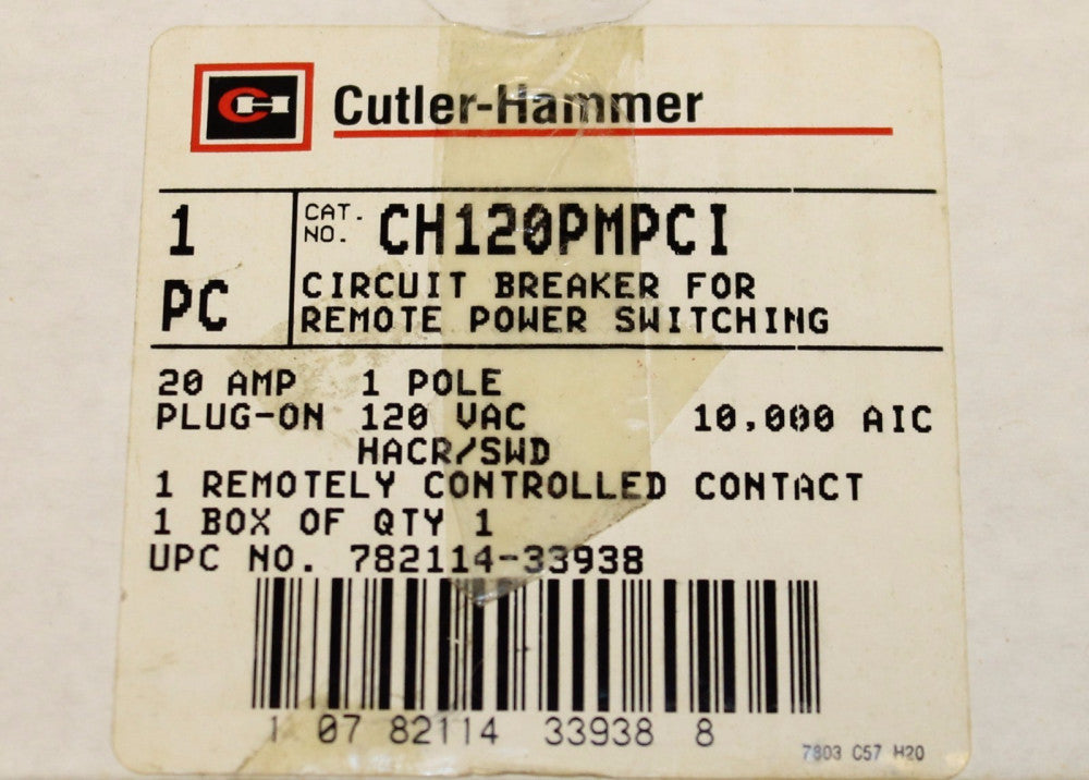 CUTLER HAMMER Type CH Remote Control Circuit Breaker 20A Single Pole CH120PMPCI