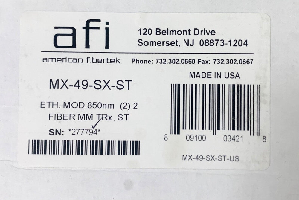 AFI American Fibertek MX 49 SX ST ETN MOD 850nm Fiber MM TRX ST Ethernet Modem