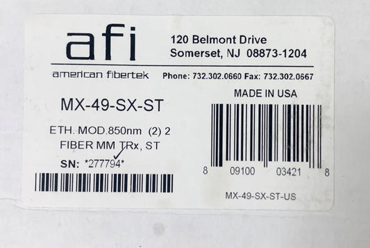 AFI American Fibertek MX 49 SX ST ETN MOD 850nm Fiber MM TRX ST Ethernet Modem