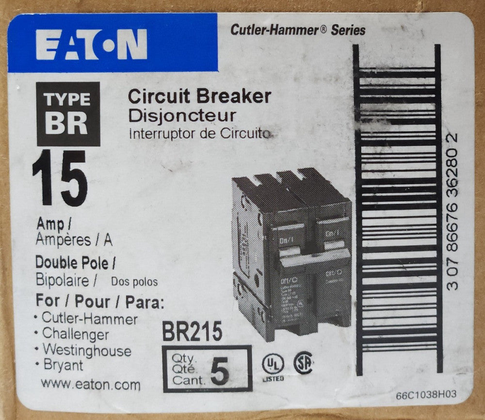BOX OF 5 EATON CUTLER HAMMER BR215 2 Pole 15 AMP Type BR Circuit Breaker