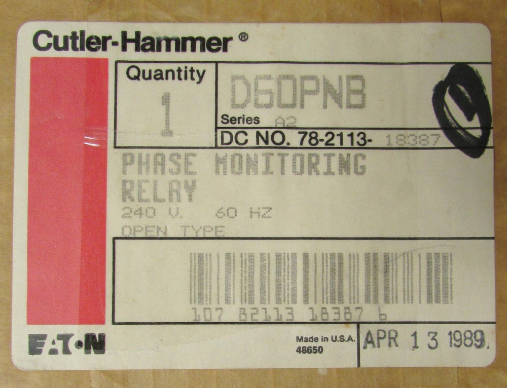 EATON CUTLER HAMMER D60PNB Phase Monitoring Relay Open Type DC No. 78-2113-18387