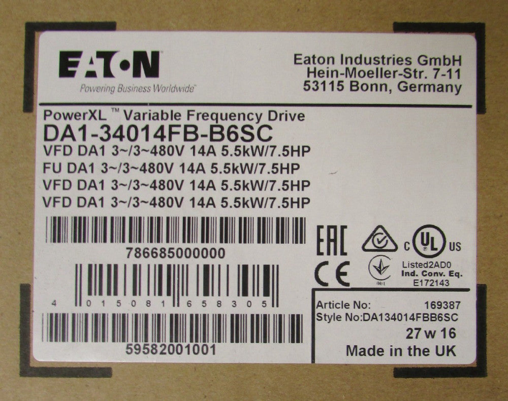 EATON DA1 34014FB B6SC 7.5HP 480V Power XL DC1 VFD Variable Frequency Drive