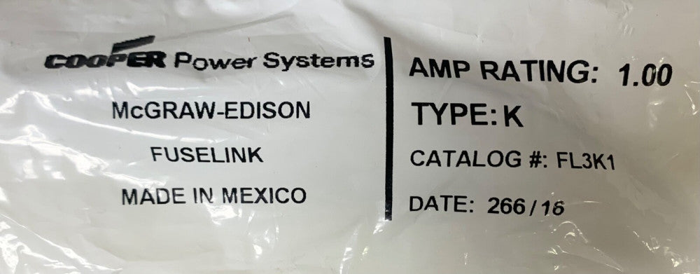 COOPER McGraw Edison FL3K1 Type K 1 AMP Fuse Link