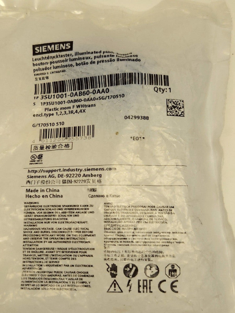 SIEMENS 3SU1001 0AB60 0AA0 White Illuminated Pushbutton