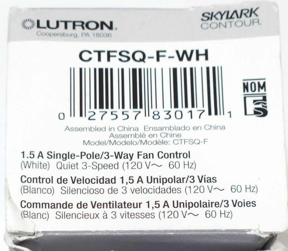 LUTRON CTFSQ F WH SKYLARK CONTOUR Light Dimming Fan Speed Control Switch 120 VAC