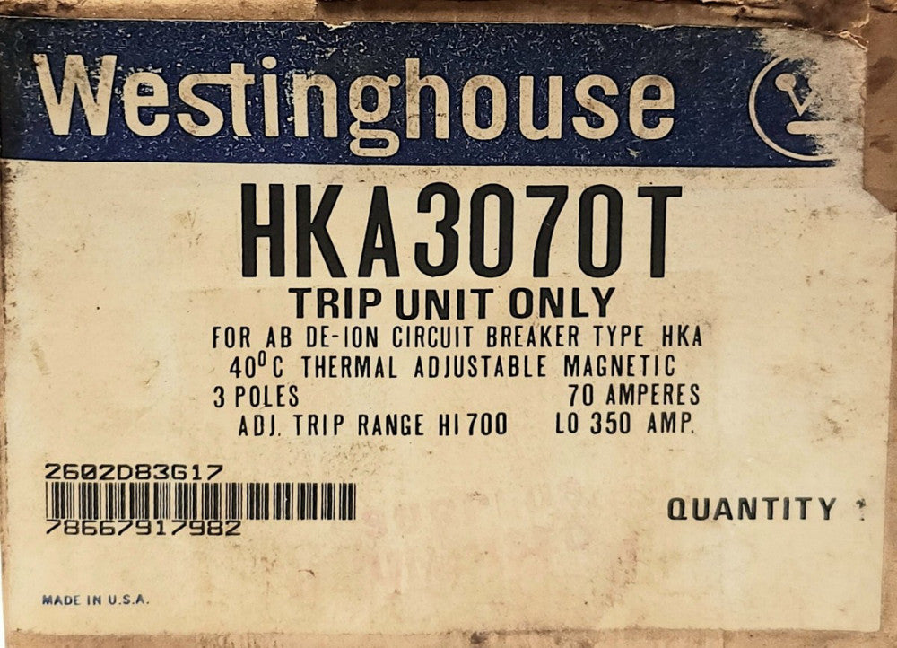 SEALED WESTINGHOUSE CUTLER HAMMER HKA3070T 3 Pole 70 AMP Type KA HKA TRIP Unit