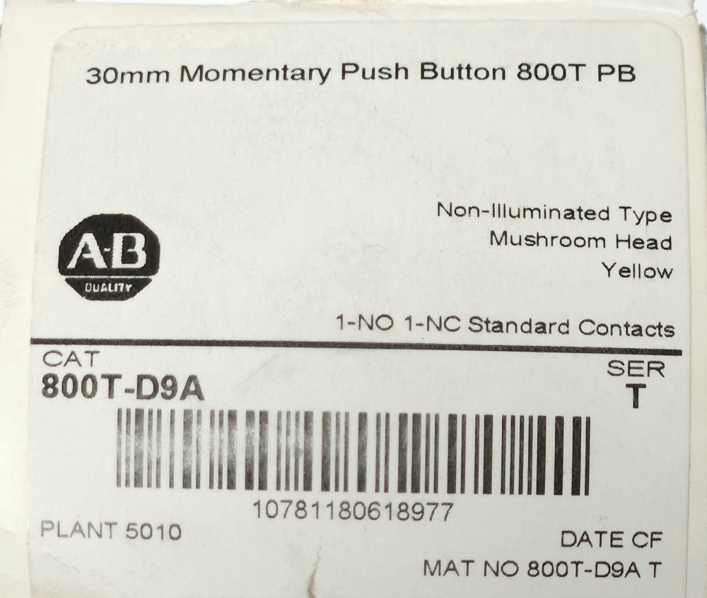ALLEN BRADLEY 800T D9A Yellow Mushroom Head Non Illuminated Pushbutton Momentary