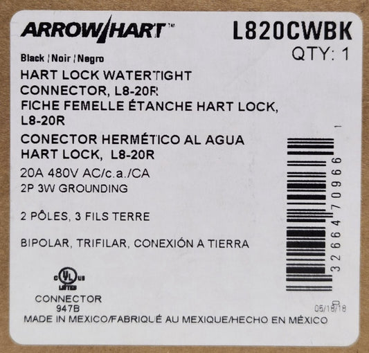 COOPER ARROW HART L820CWBK Hart Lock Watertight Connector L8-20R 20 AMP 480 VAC