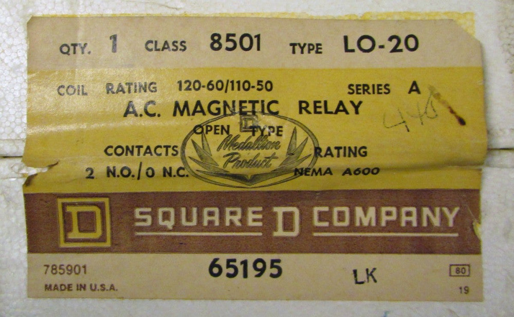 SQUARE D 8501 LO-20 110/120V AC Magnetic Relay 8501LO20