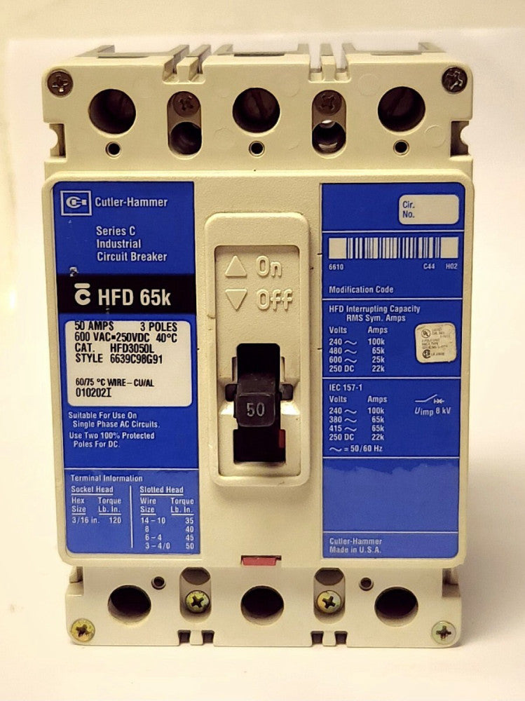 CUTLER HAMMER HFD3050L 3 Pole 50 AMP HFD3050 Circuit Breaker Line Load Lugs