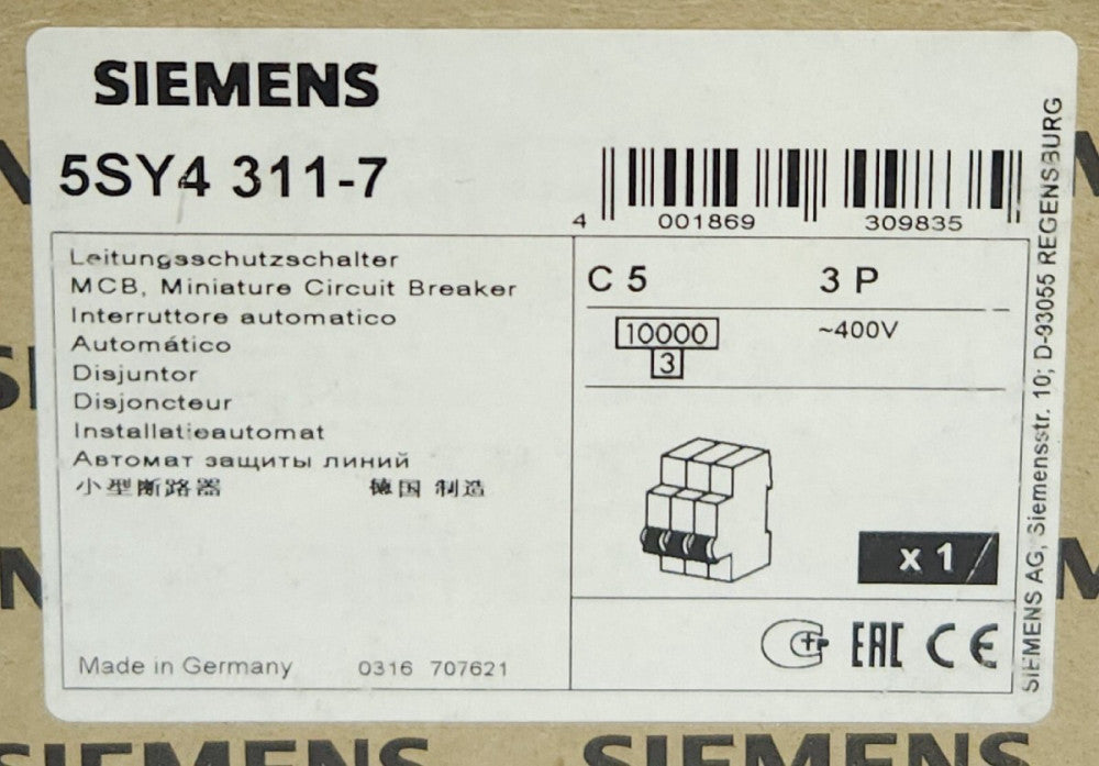 SIEMENS 5SY4 311-7 3 Pole 5 AMP Miniature Circuit Breaker