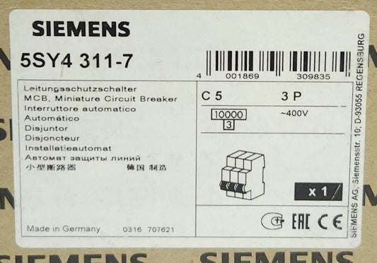 SIEMENS 5SY4 311-7 3 Pole 5 AMP Miniature Circuit Breaker