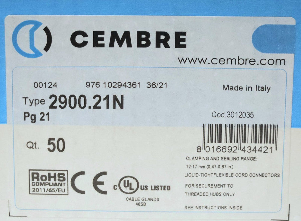 BOX OF 50 CEMBRE Type 2900.21N PRESSCAVI MAXIBRASS CABLE GLAND IP68 Pg 21 2900PG