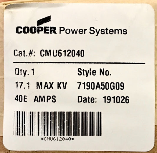 COOPER EATON CMU612040 17.1 MAX KV 40E AMP Fuse Unit 7190A50G09