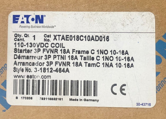 EATON XTAE018C10AD016 110-130 VDC FVNR Starter 10-16 AMP 18 AMP Frame